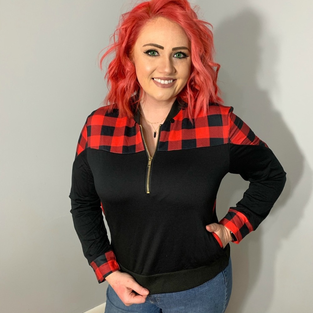 Black Long Sleeve w/Buffalo Plaid &Detachable Hood